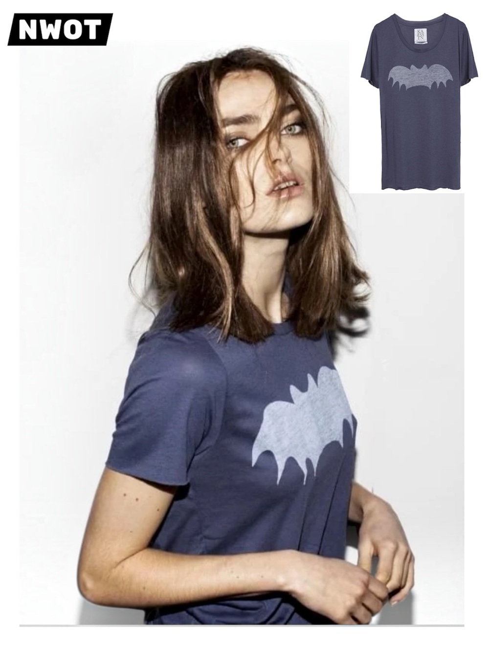 NWOT Zoe Karssen Purple White Bat Graphic Short Sleeve Jersey Relaxed Fit Tee XS